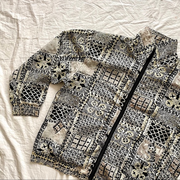 80s Golden Geometric Print Silk Bomber Windbreaker - Picture 2 of 4